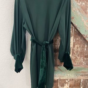 Hunter Green dress, wrap tie velvet, velvet sleeve cuffs.